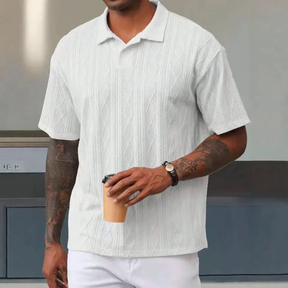 Men's loose fit short sleeve T-shirt with a retro button lapel on the collar, in a khaki cotton blend knit.