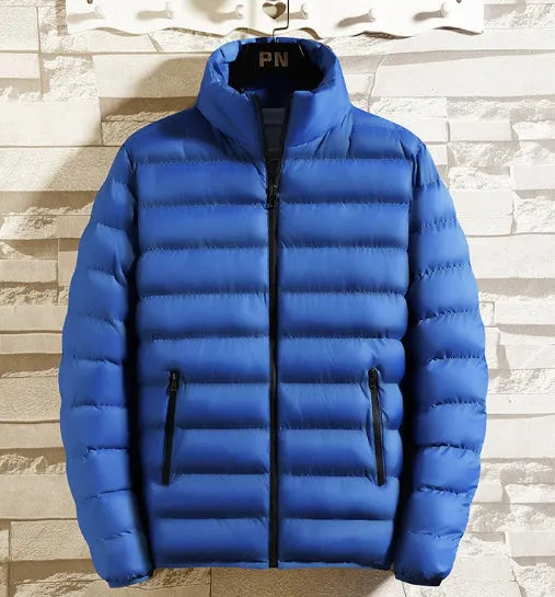 Men's casual fit corduroy stand collar down jacket in navy blue, front view with no hood