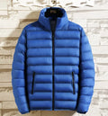 Men's casual fit corduroy stand collar down jacket in navy blue, front view with no hood