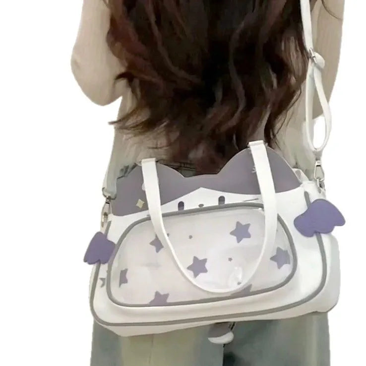 Horizontal cartoon owl pin PU crossbody bag in black, side view showing stitching and single strap