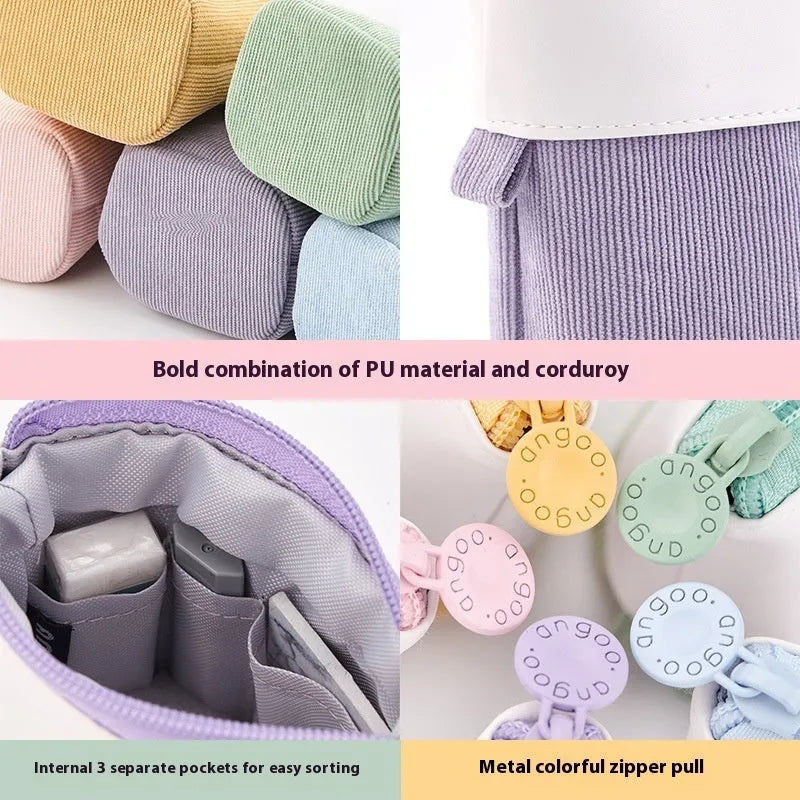 Korean-style telescopic stationery case in purple PU corduroy with drop-down expanded design