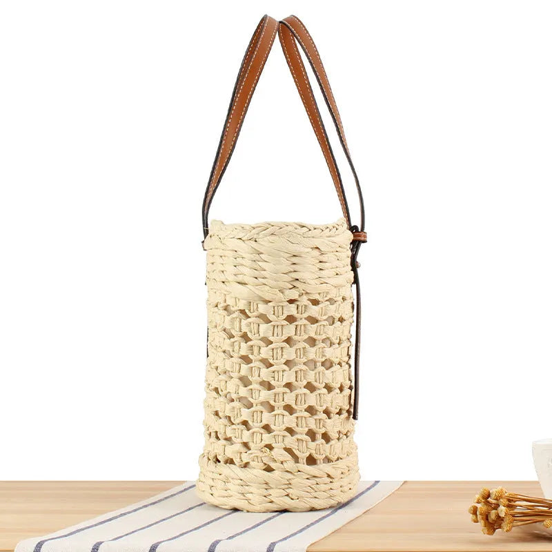Paper-string woven shoulder bag with file storage compartment and adjustable strap in beige colour