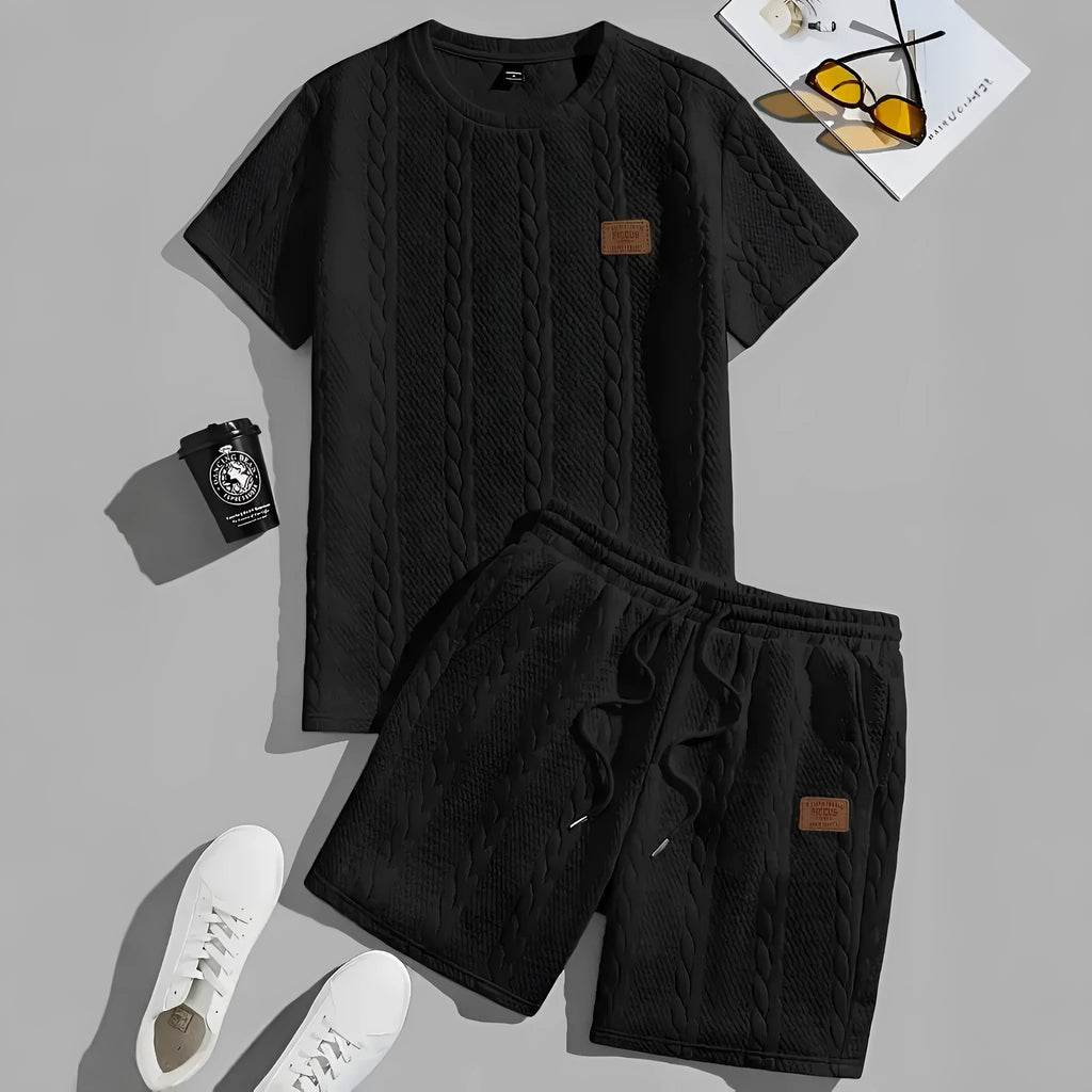 Men's black sports two-piece set with short sleeve rib T-shirt and matching shorts