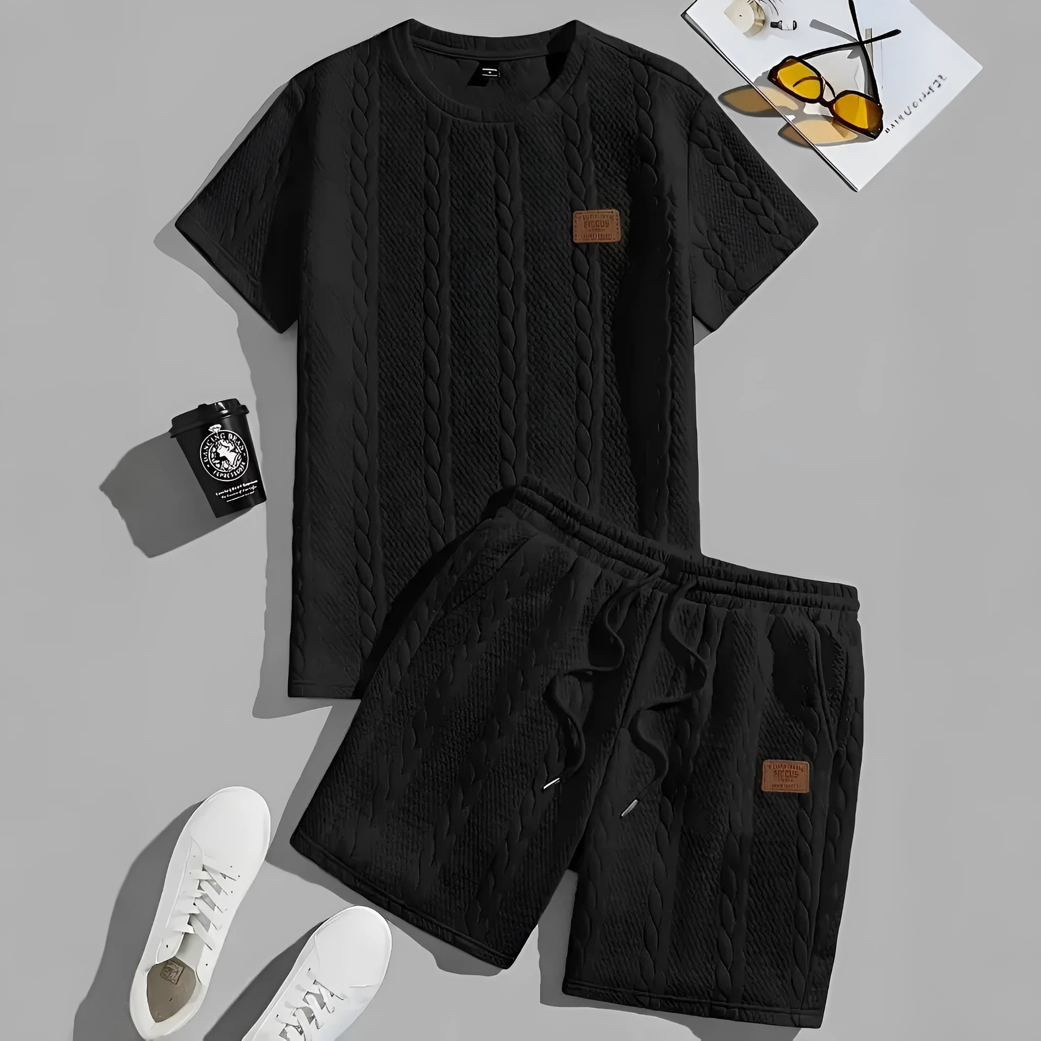 Men's black sports two-piece set with short sleeve rib T-shirt and matching shorts