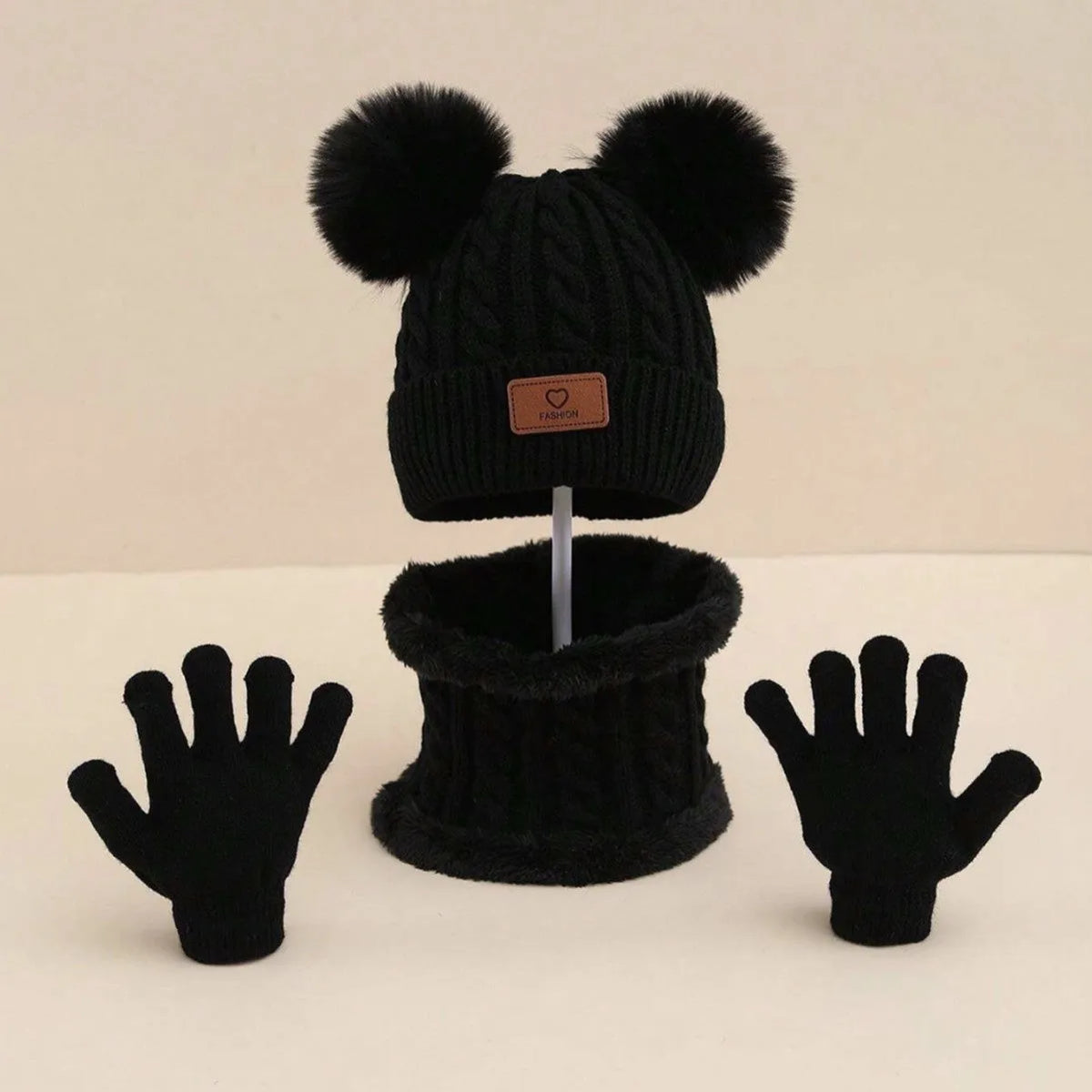 Children's hat scarf gloves three-piece set in acrylic, dome hat, scarf and gloves in pink, gray, lotus root, black, white, camel