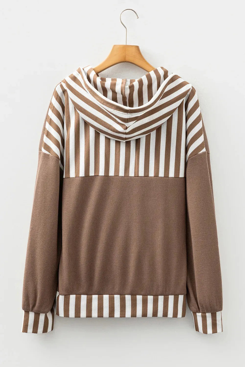 Straw yellow waffle texture hoodie with striped patchwork and button neck closure