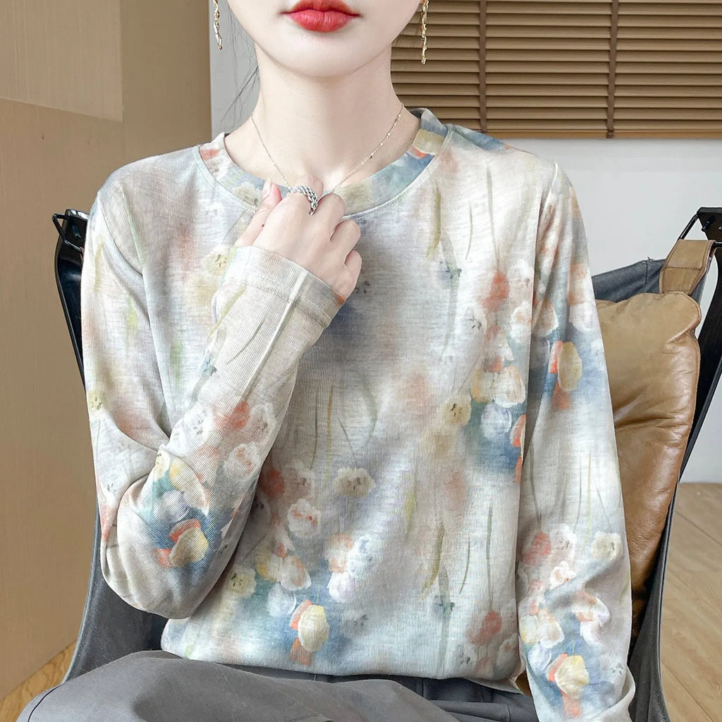 Women's round neck pullover shirt in Tencel cotton blend with floral print design