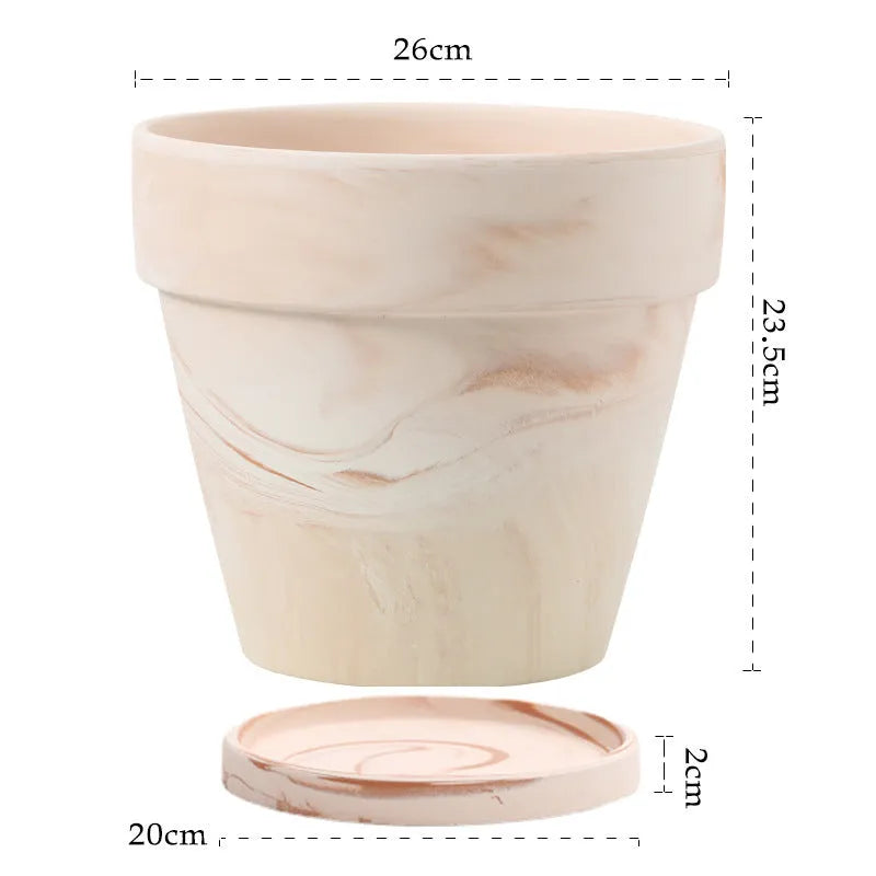 Gradient macchiato red and white pottery flowerpot on desktop with green plant, sizes 10cm to 30cm