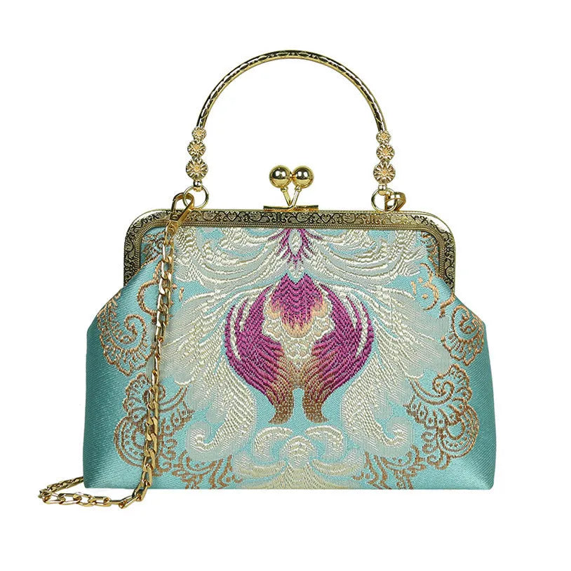 Chinese embroidery cheongsam handbag in polyester with shell shape and internal zipper compartment