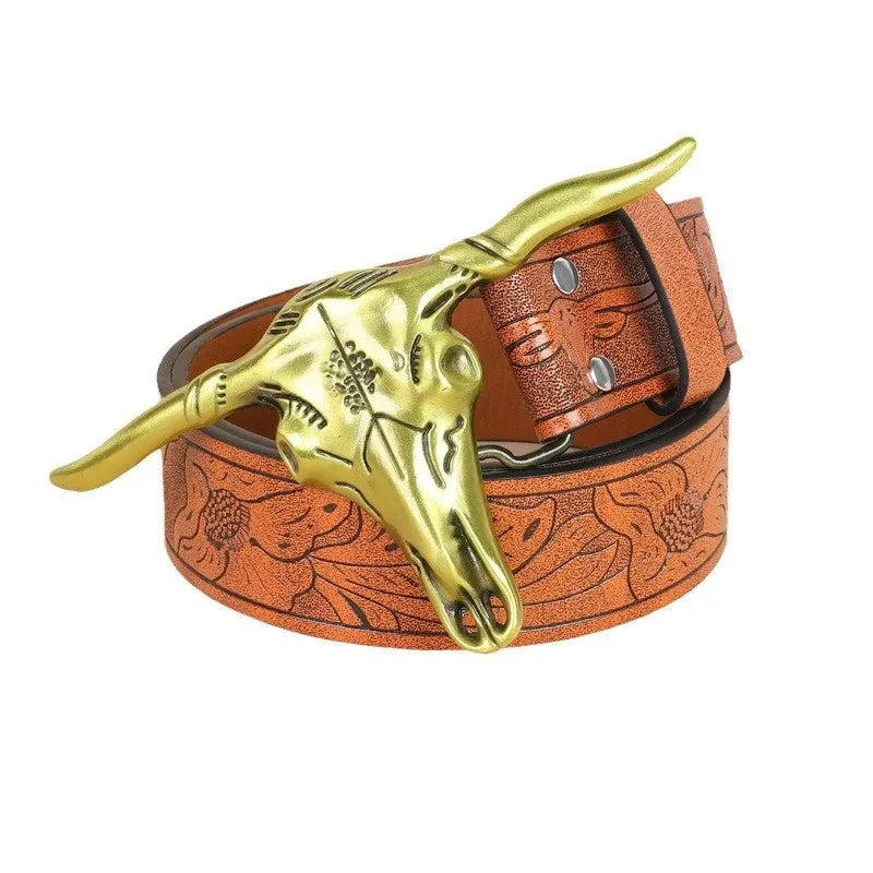 Men's belt with detailed cow head alloy buckle on imitation leather strap with pin buckle fastening