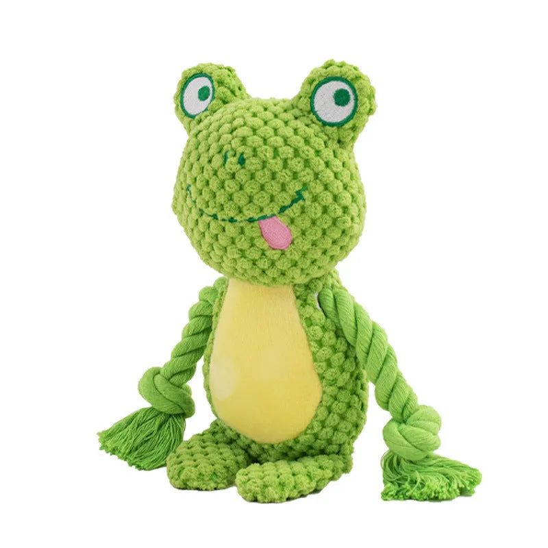 Hippo-shaped plush dog toy with cotton rope sections for tug-of-war games