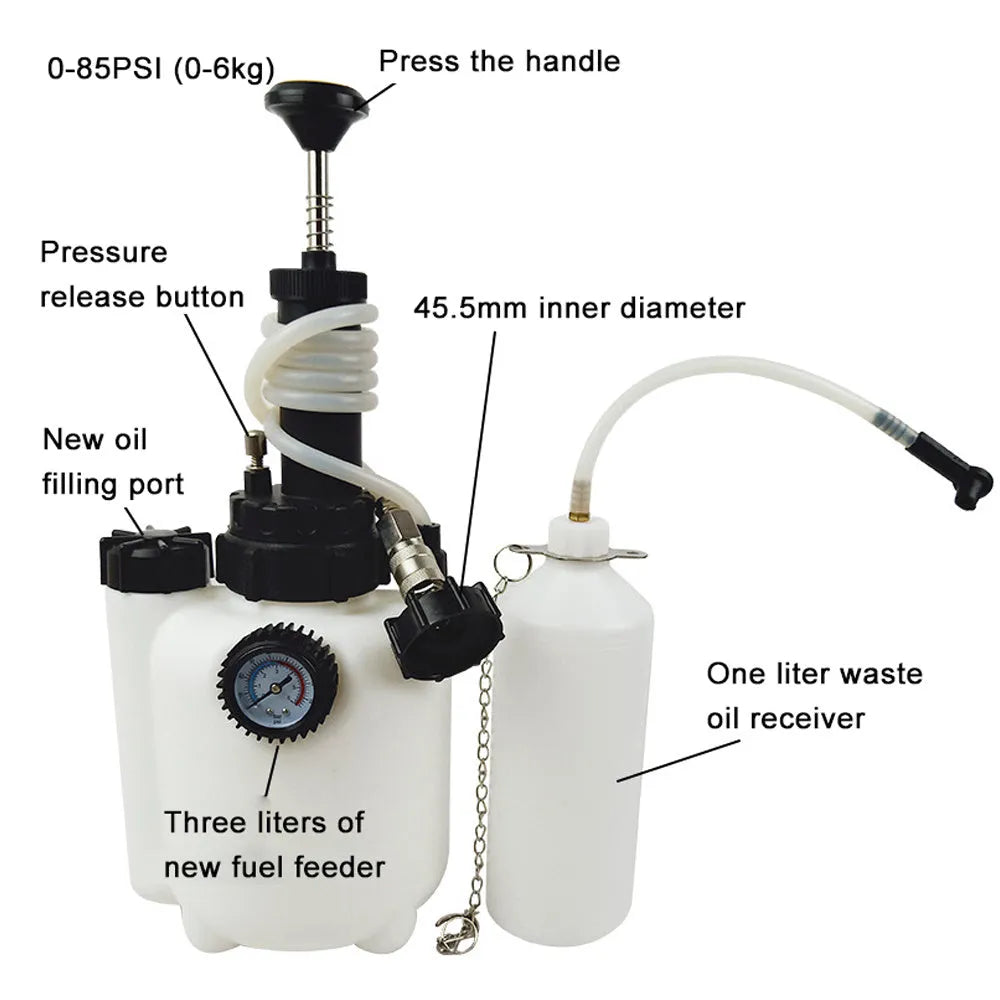 White 3-litre automobile brake oil tank replacement tool made from copper, iron, and plastic.