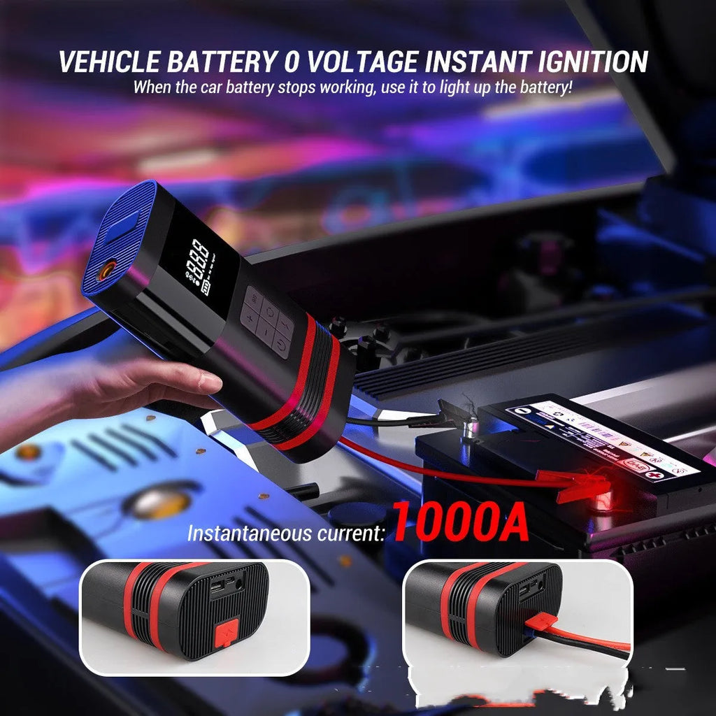 Black rectangular automobile emergency jump starter power bank with USB port and LED light.