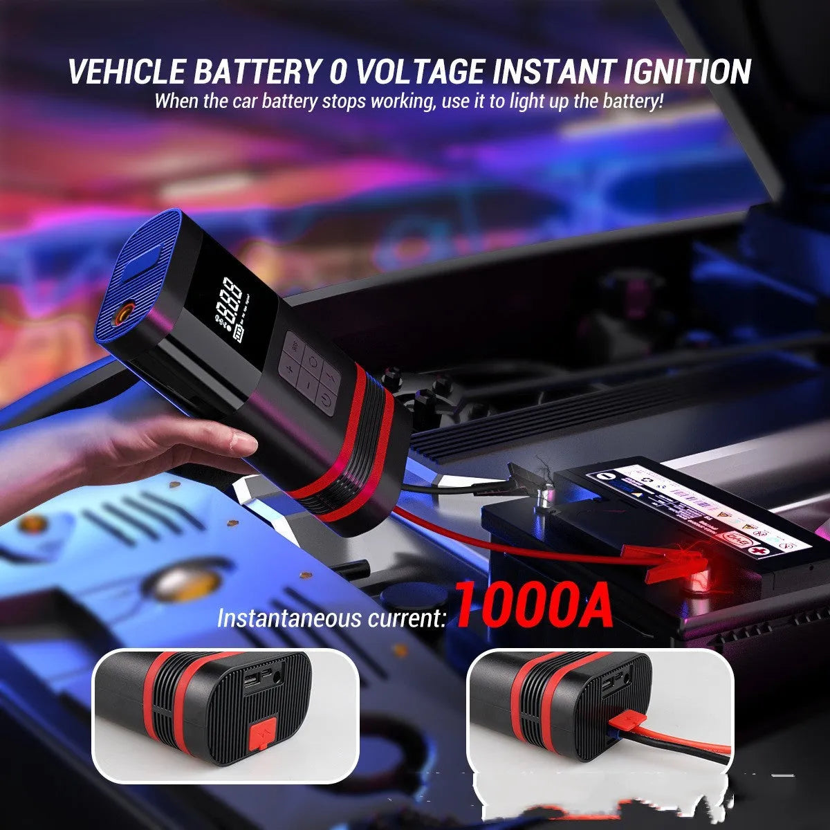 Black rectangular automobile emergency jump starter power bank with USB port and LED light.