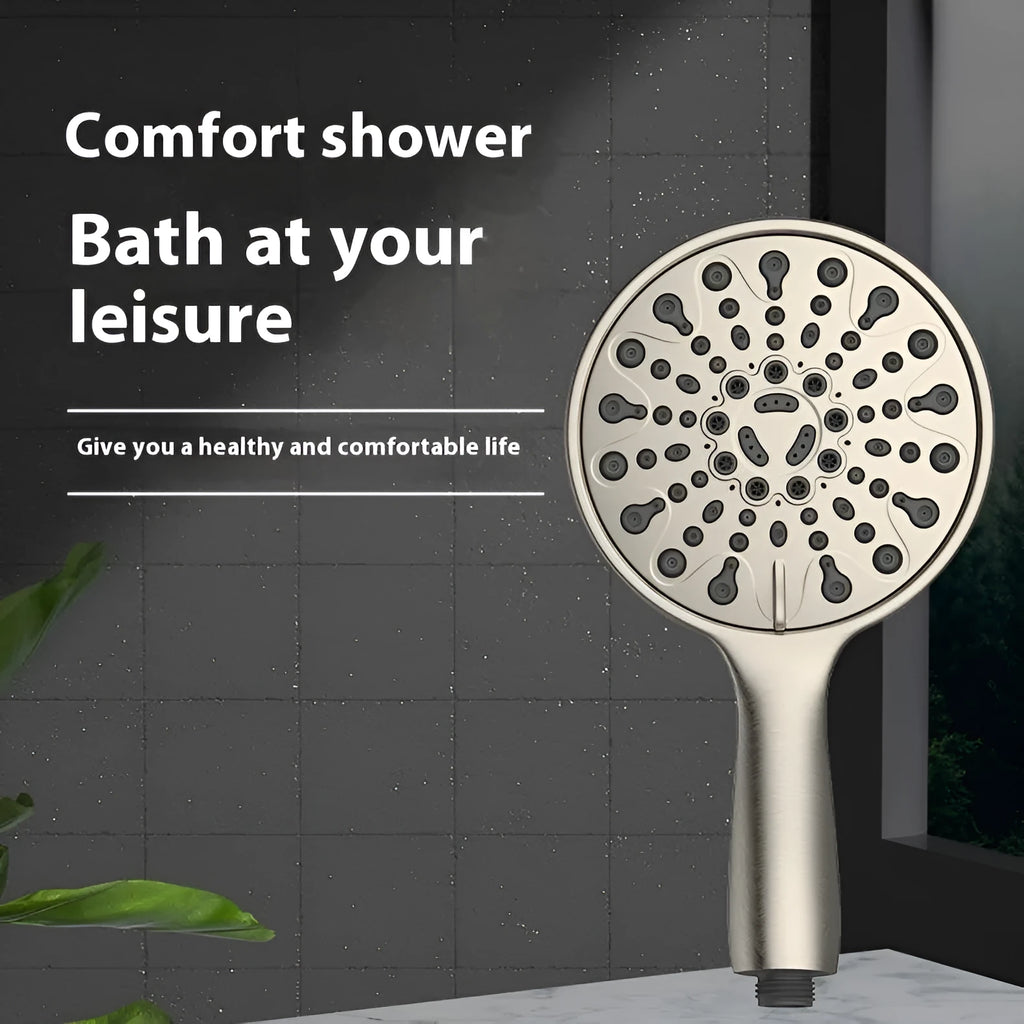 Handheld shower head with electroplated finish showing six-function selector