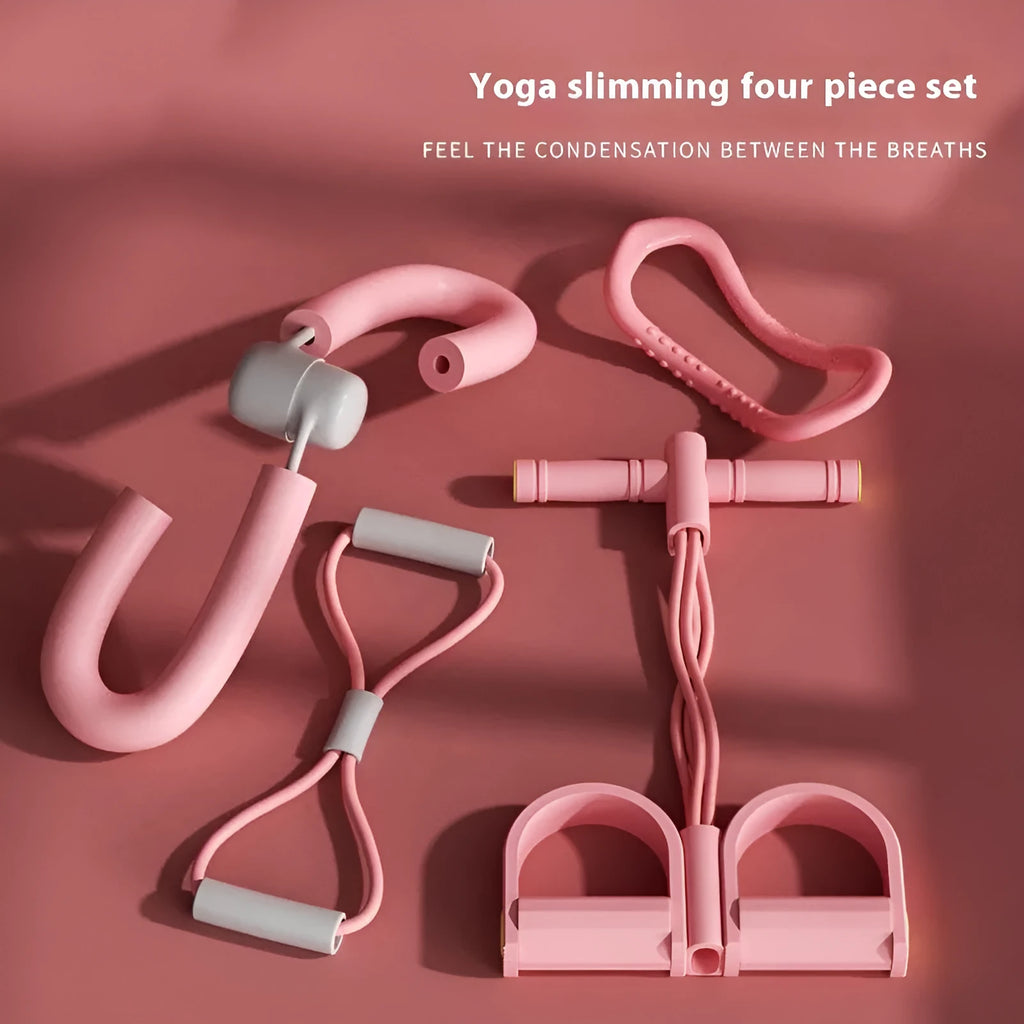 Yoga four piece fitness set showing leg stretcher, foot pedal, yoga ring, and figure eight tension rope.