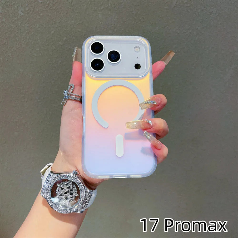 Laser gradient frosted magnetic phone case for iPhone 17 models on a table.