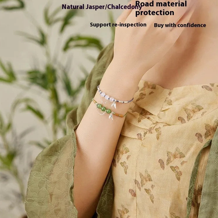 Handmade Hetian jade and chalcedony bracelet with woven strap in light green or blue colours