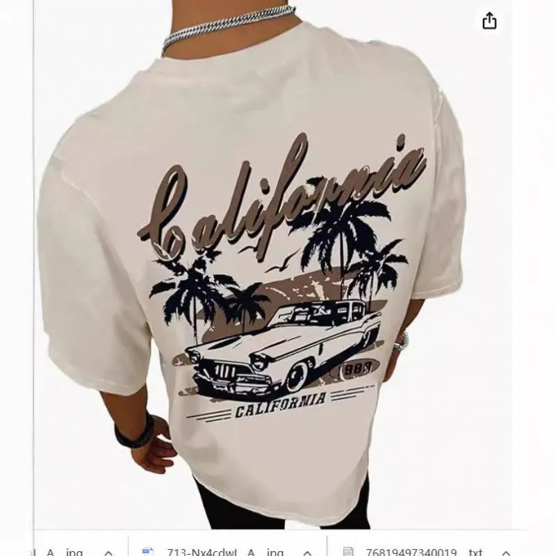 Men's printed short-sleeved sports T-shirt with digital pattern on polyester fabric, showing pullover design and casual streetwear styling