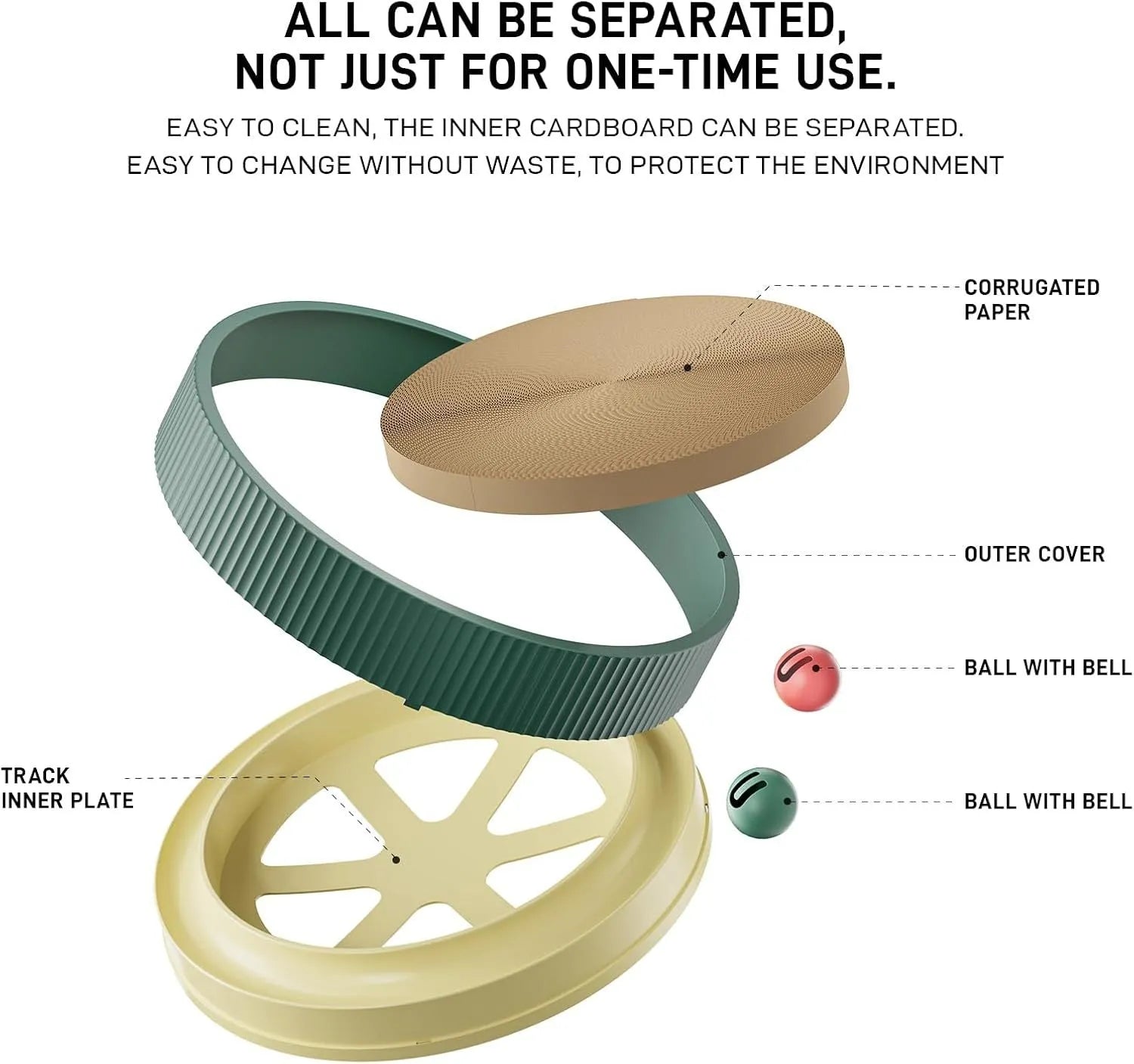 Large circular cat scratching board with integrated ball toys and refillable cardboard core