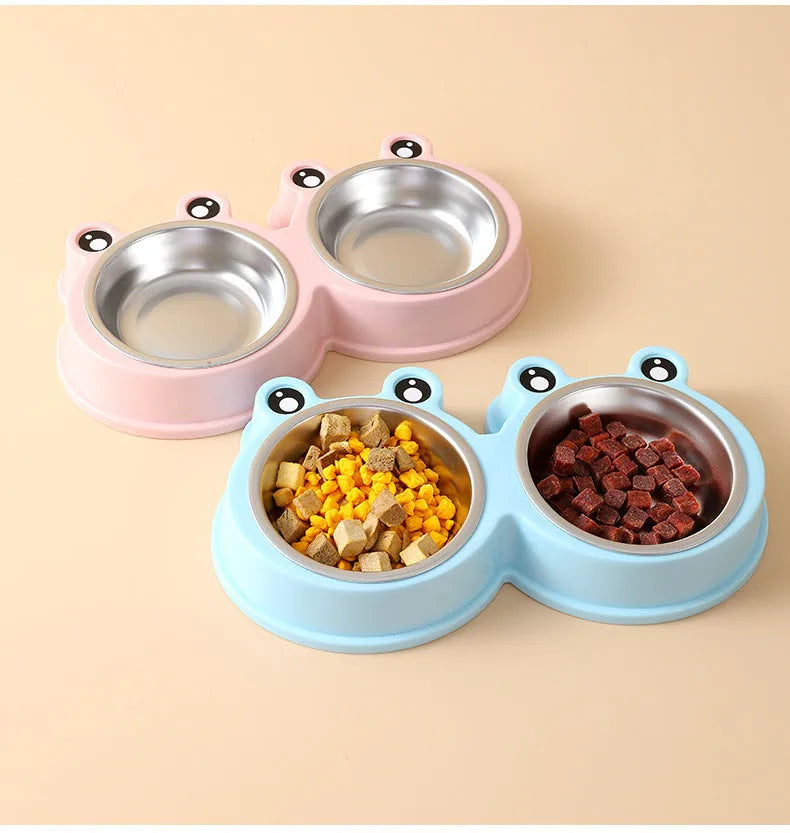 Stainless steel double pet bowl for food and water with a coloured silicone anti-slip base.