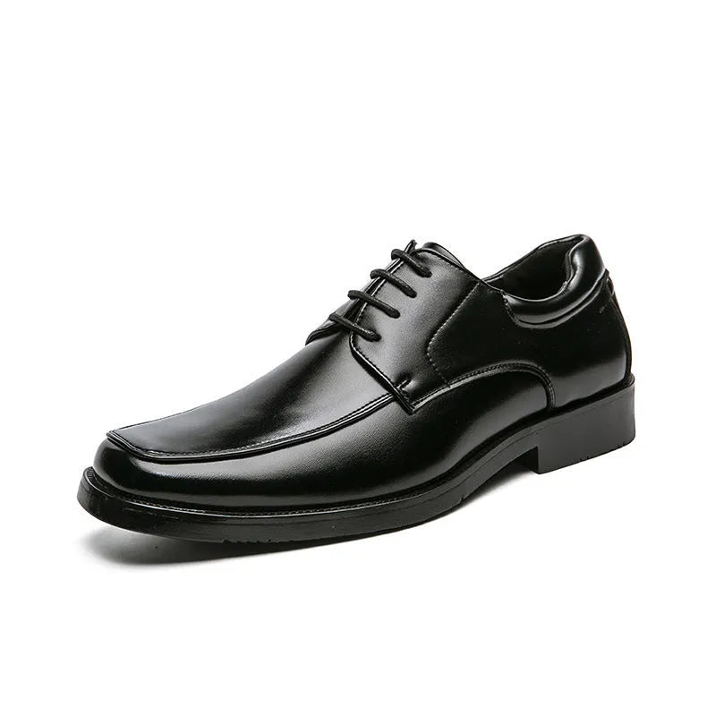 Men's black square toe low-top business casual shoes with artificial PU upper and rubber sole