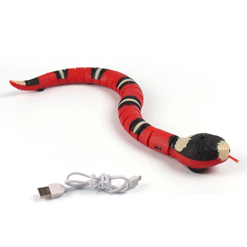 Smart sensing electronic snake cat toy with segmented plastic body and USB charging port