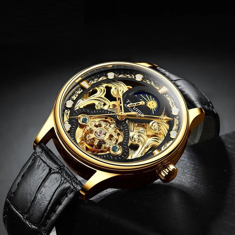 Men's gold leather strap automatic watch with waterproof 16mm case