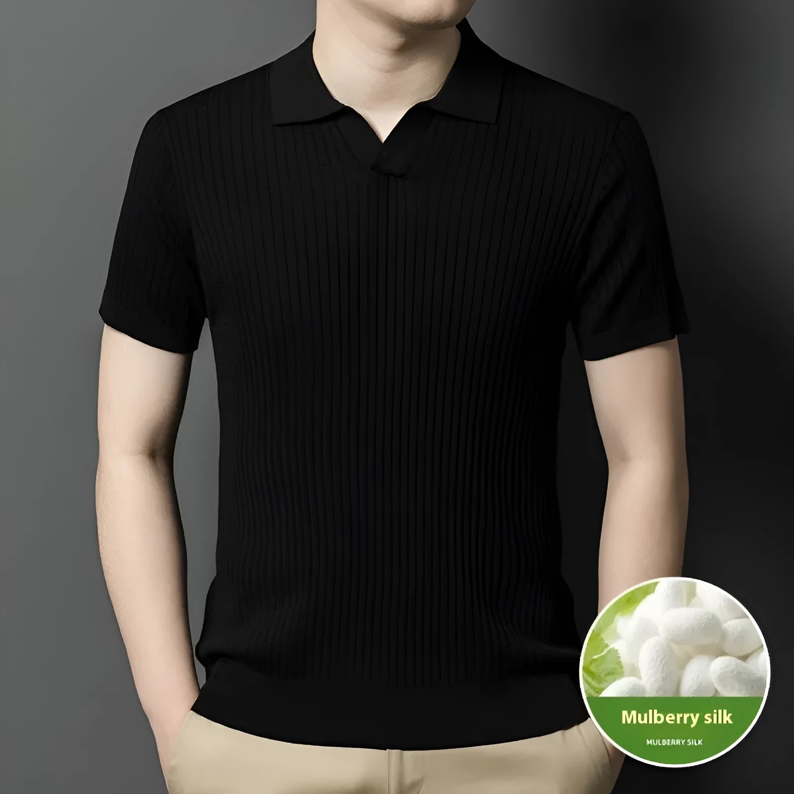 Man wearing a striped mulberry silk T-shirt with a short sleeve and lapel collar.