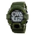 Multifunctional men's waterproof electronic sports watch with round dial on plastic strap.
