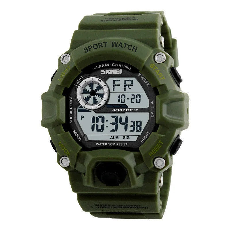 Multifunctional men's waterproof electronic sports watch with round dial on plastic strap.