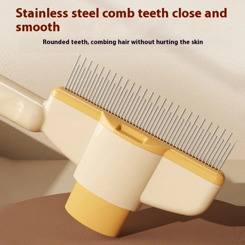Green self-cleaning pet comb for dogs and cats with stainless steel teeth on a white background.