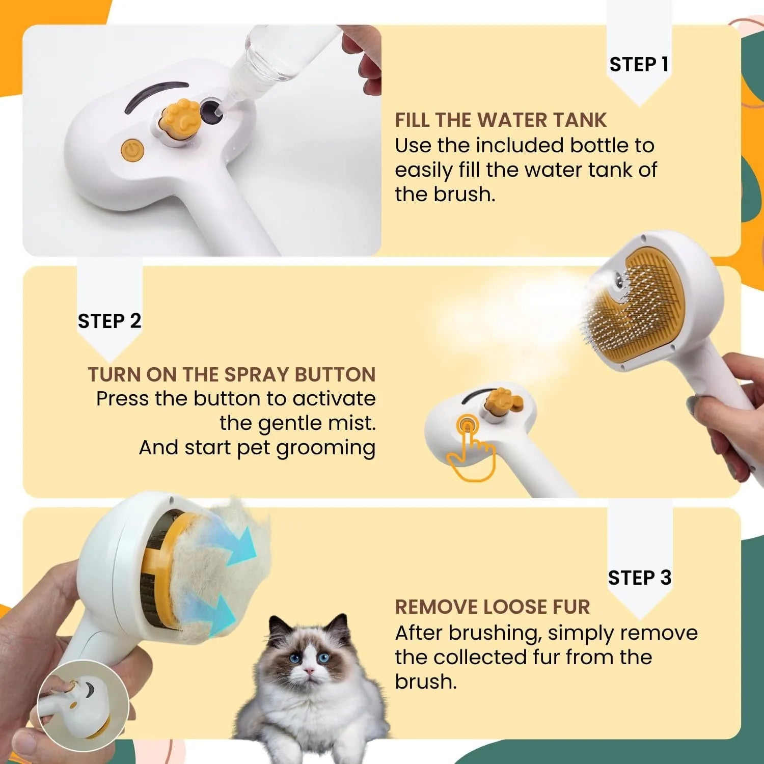 White pet grooming brush with water spray function for cats and dogs grooming