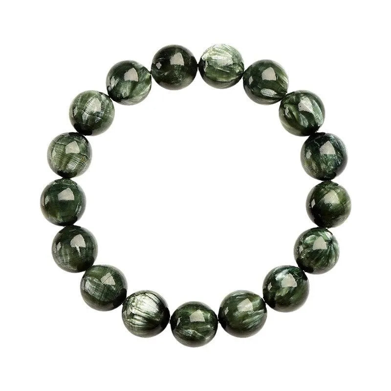 Green Dragon Crystal round bead bracelet with Ruyi design elements on a wrist.