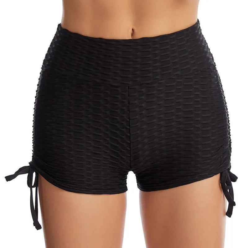 Drawstring textured butt lift gym shorts in black with pocket for women