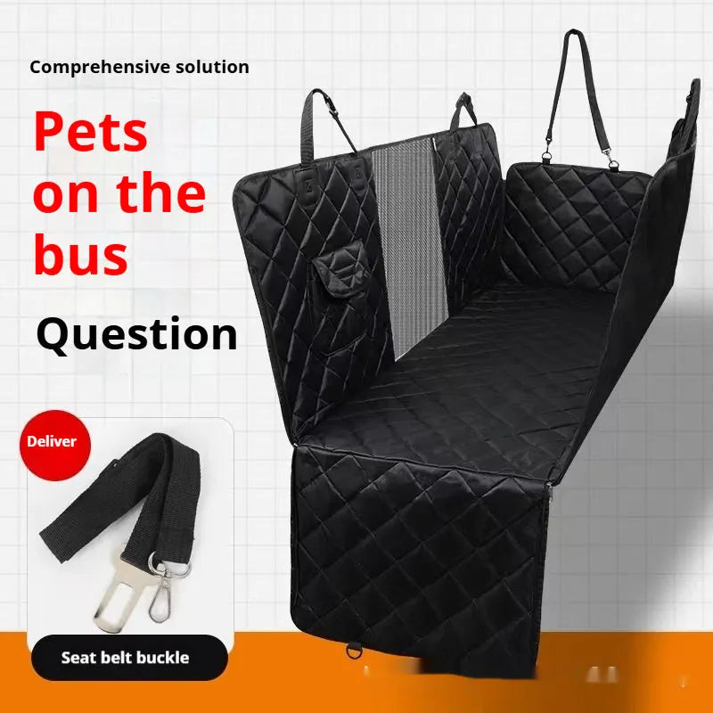 Pet car cushion fabric mat with seatbelt opening shown in black and grey colour options