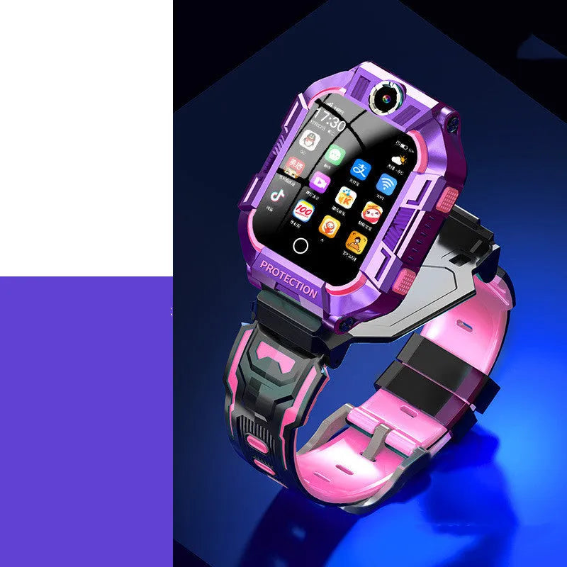 A63 children's smartwatch with 1.44-inch screen and silicone wristband in green or purple colours