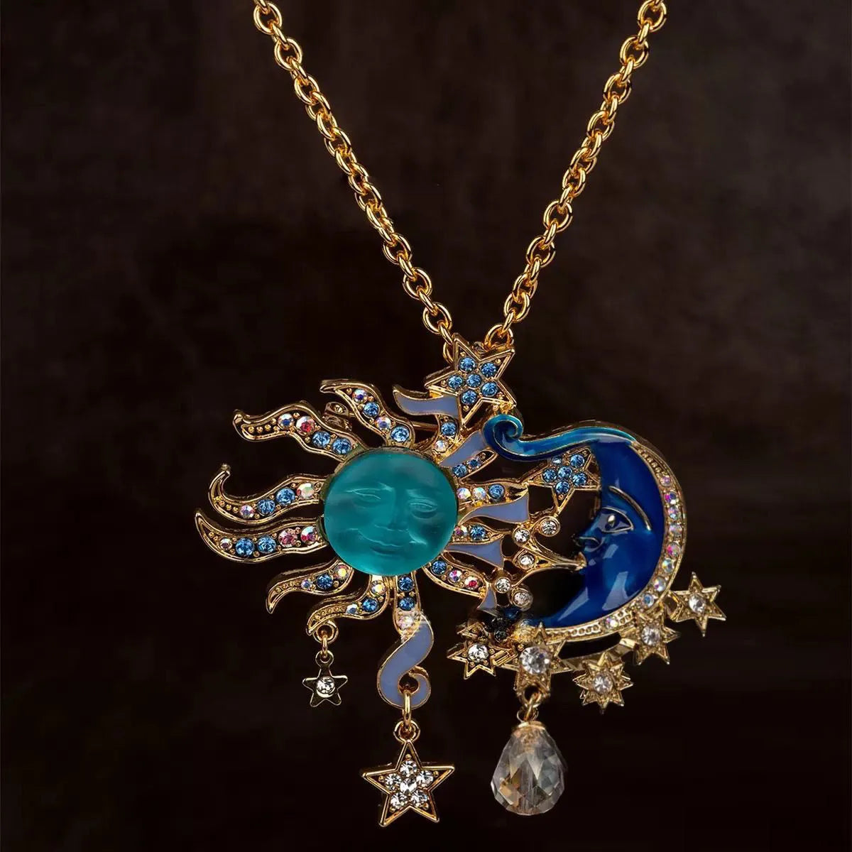 European antique Moen face sun moon pendant necklace with 925 silver brooch and adjustable alloy chain 51-60cm