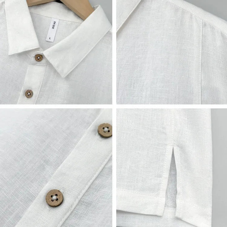 Men's linen summer top with thin lapels and short sleeves in loose-fitting style