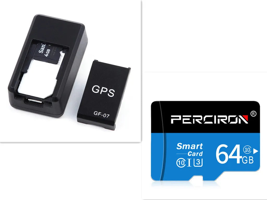 Small black plastic magnetic GPS tracker device next to a USB charging cable.