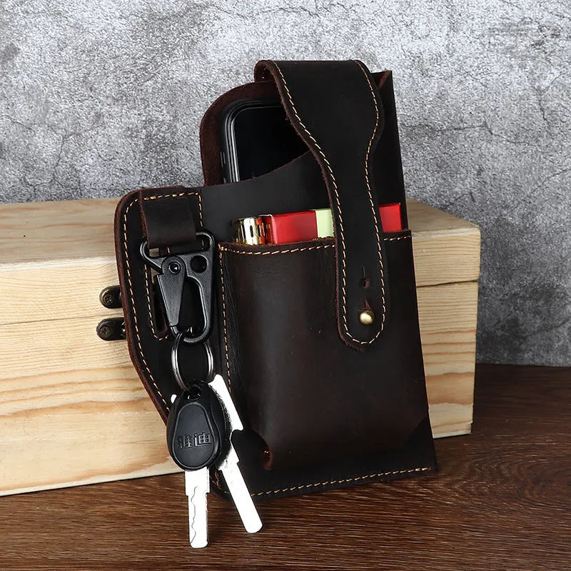 Men's retro leather hanging belt bag in cowhide with car suture detailing and cover opening for mobile phone storage