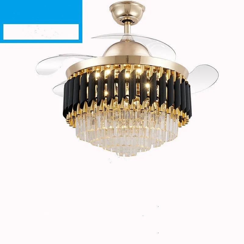 Crystal chandelier style ceiling fan with LED lights and wooden fan blades mounted on a white ceiling.