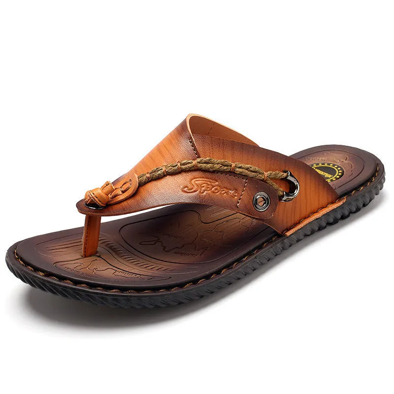 Men's dark blue herringbone-pattern outdoor slippers with leather lining and rubber sole