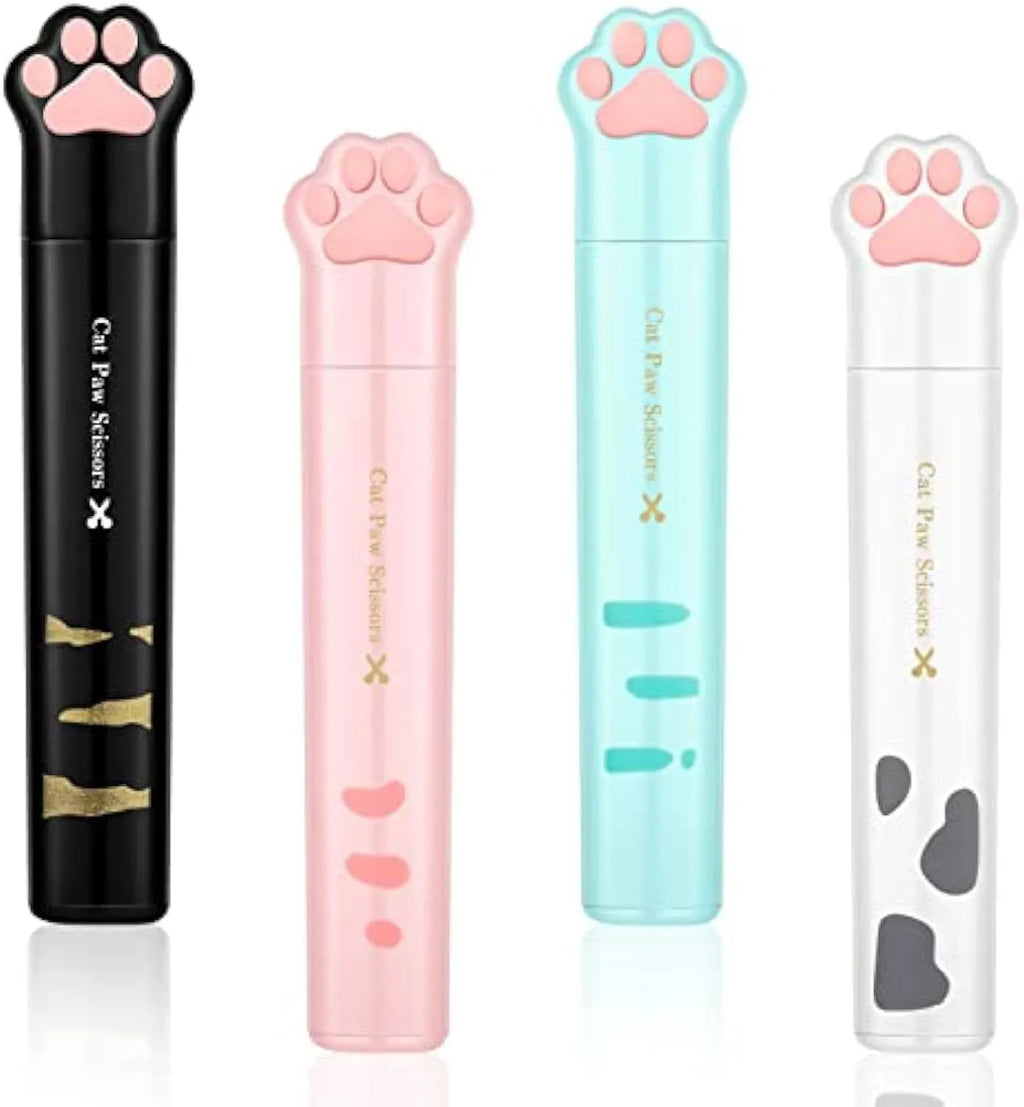 Cat paw design mini folding scissors in four colours showing stainless steel blades