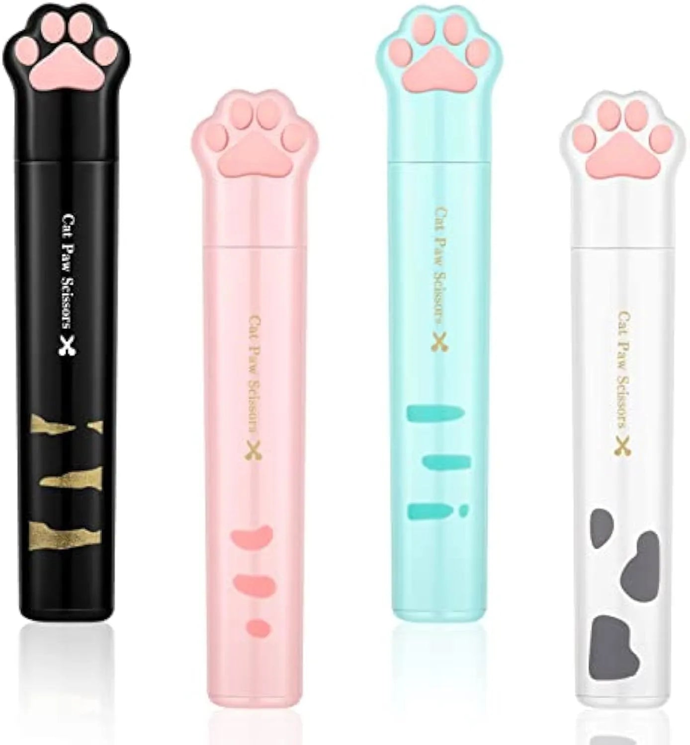 Cat paw design mini folding scissors in four colours showing stainless steel blades