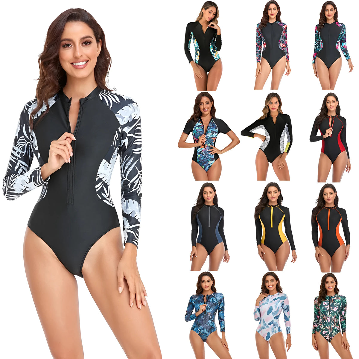 Women's one-piece swimsuit with short sleeves and front zipper in purple floral pattern, polyester fabric