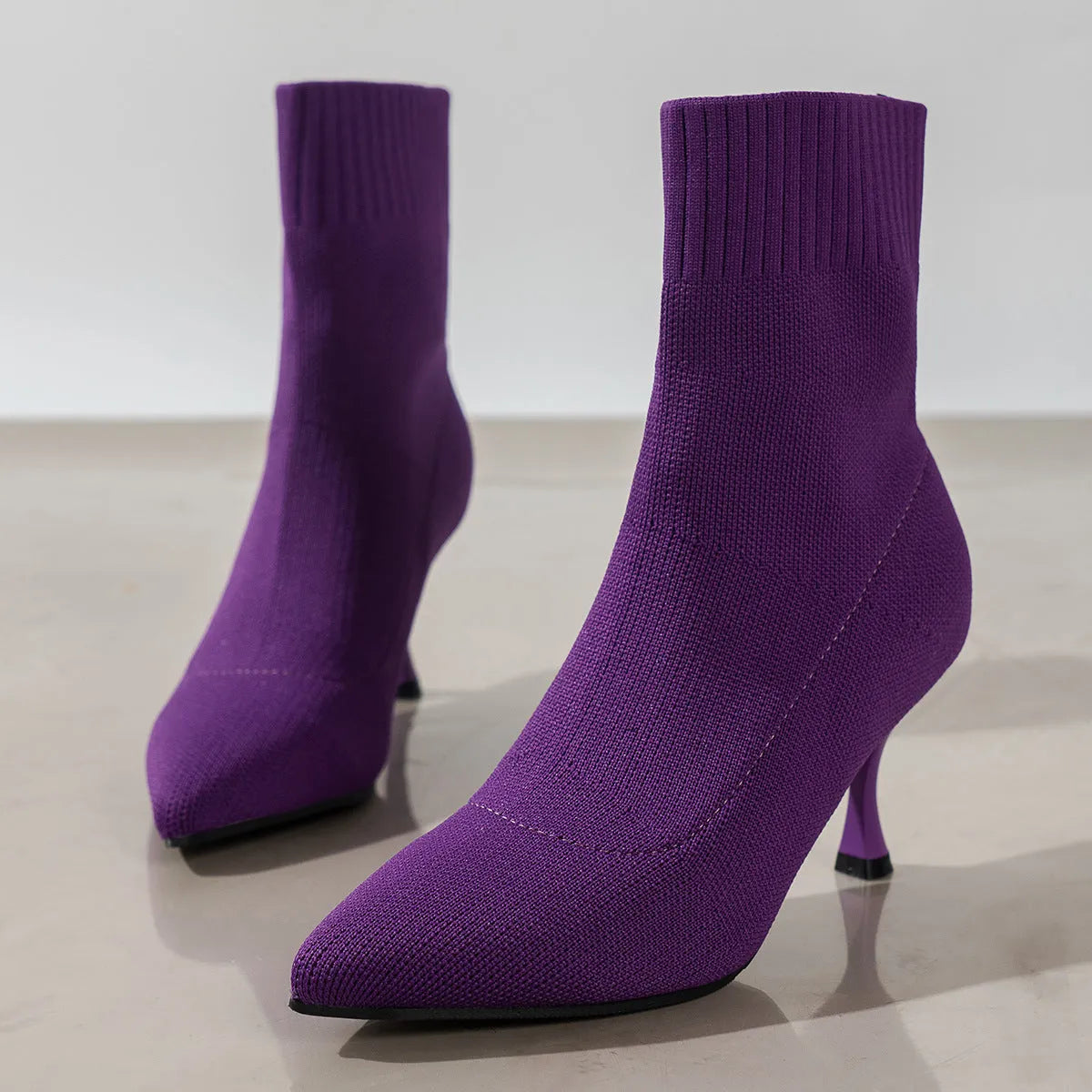 Fashion pointed toe stiletto ankle boots with knitted elastic fly-woven construction in beige colour