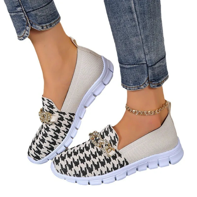Women's casual houndstooth print chain mesh flat shoes with rubber sole and platform heel