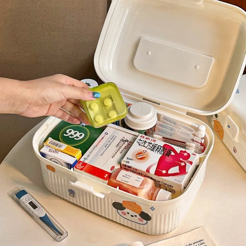 Double-layer plastic storage box with handle showing capacity and included size stickers