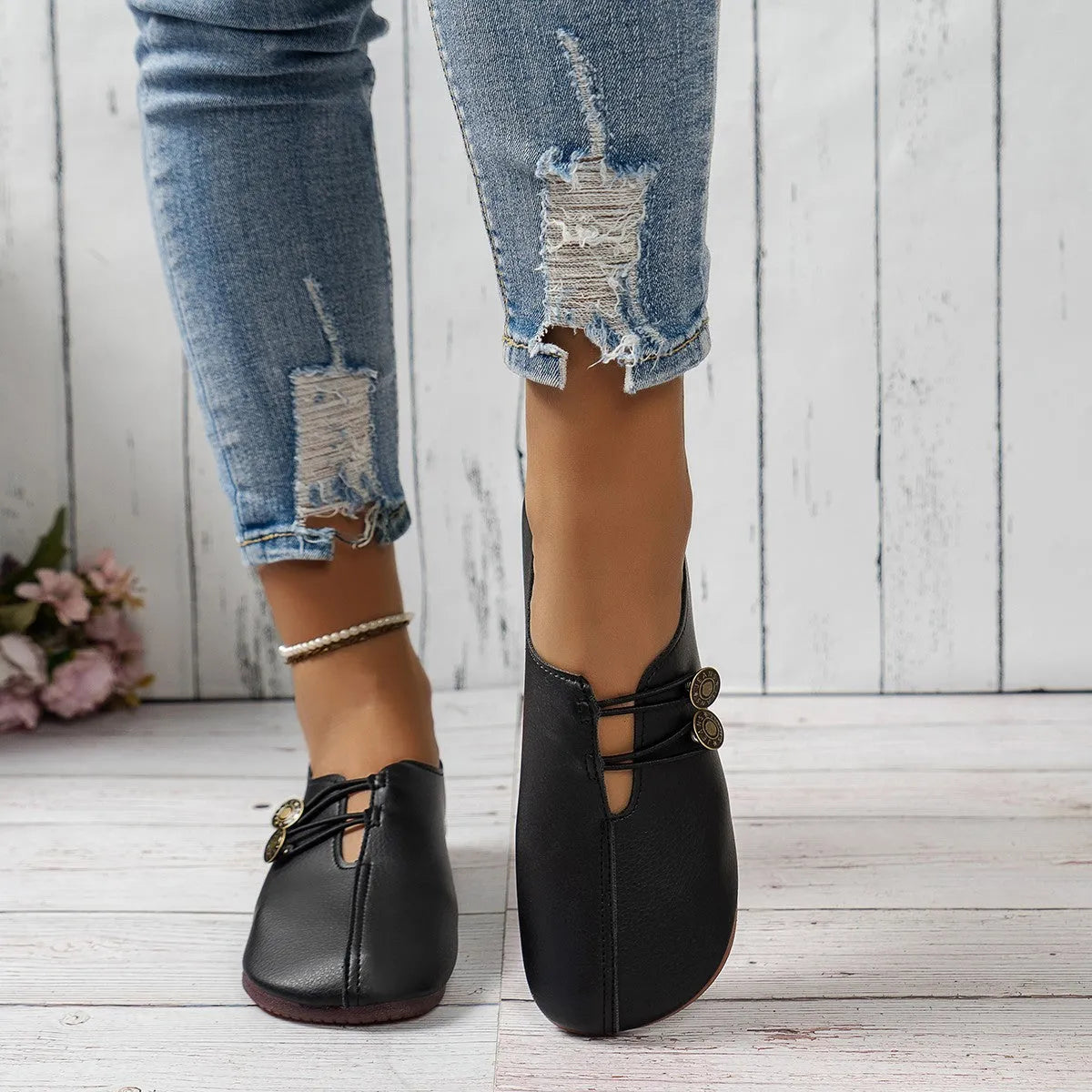 Casual square toe flats slip-on button loafers women artificial PU upper TPR sole flat heel beige